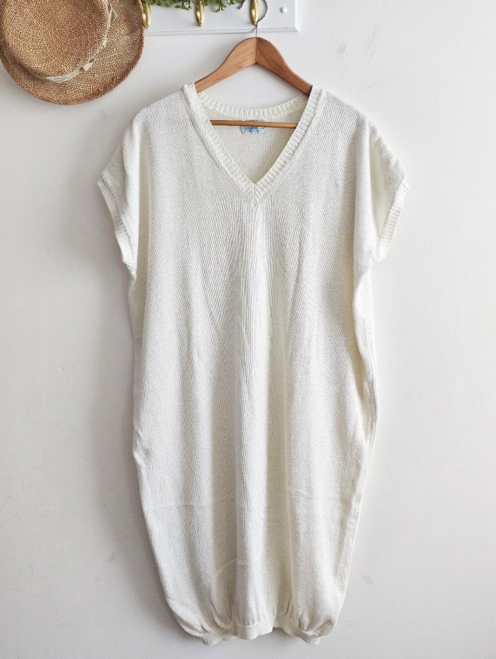 Vintage 80s Benetton Italy White Knit Sweater Dress Tunic Midi US 8 M